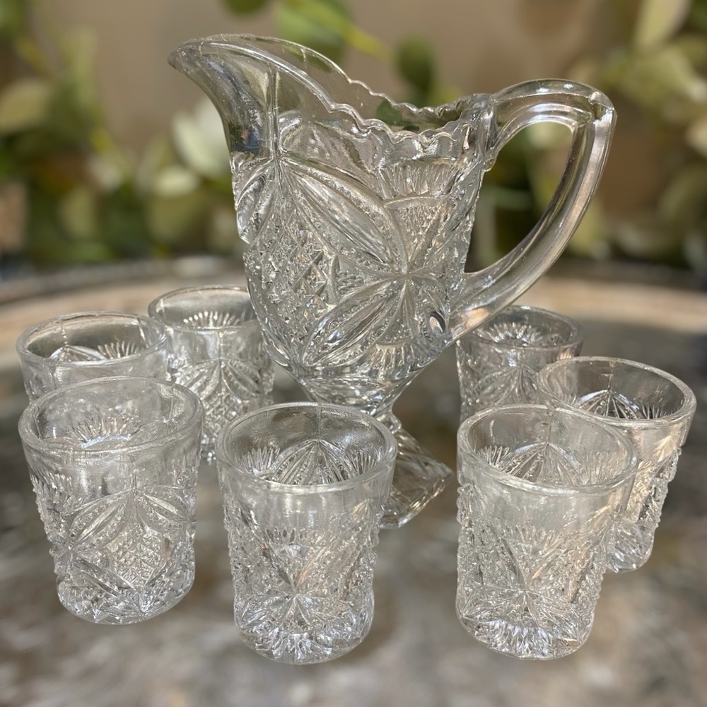 Antique 1880’s US Glass Broughton Childs Toy Glass Pitcher 7 Tumblers Set EAPG